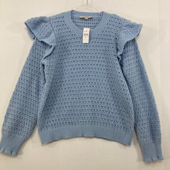 New LOFT size XL Light Blue Open Knit Ruffle Detail Elegant Preppy Sweater - Picture 1 of 10